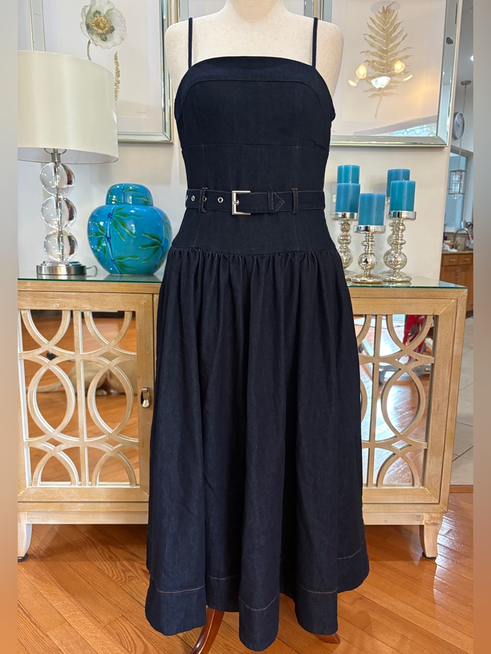 🔥✨ Avec Les Filles Women's Belted Drop Waist Stretch Denim Midi Dress ✨🔥